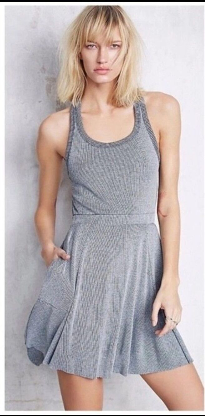 Free People FP Beach Catchin Rays Gray Ribbed Mini Back Cutout Pocket Dress XS